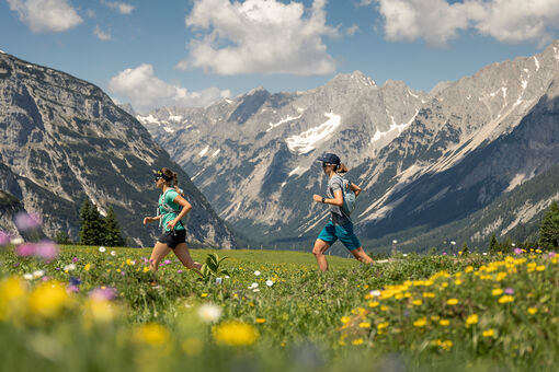 Zwei Teilnehmer des Karwendelmarsch Trainingscamps laufen über eine wunderschöne Blumenwiese bei leicht bewölktem Wetter und Bergen im Hintergrund.
